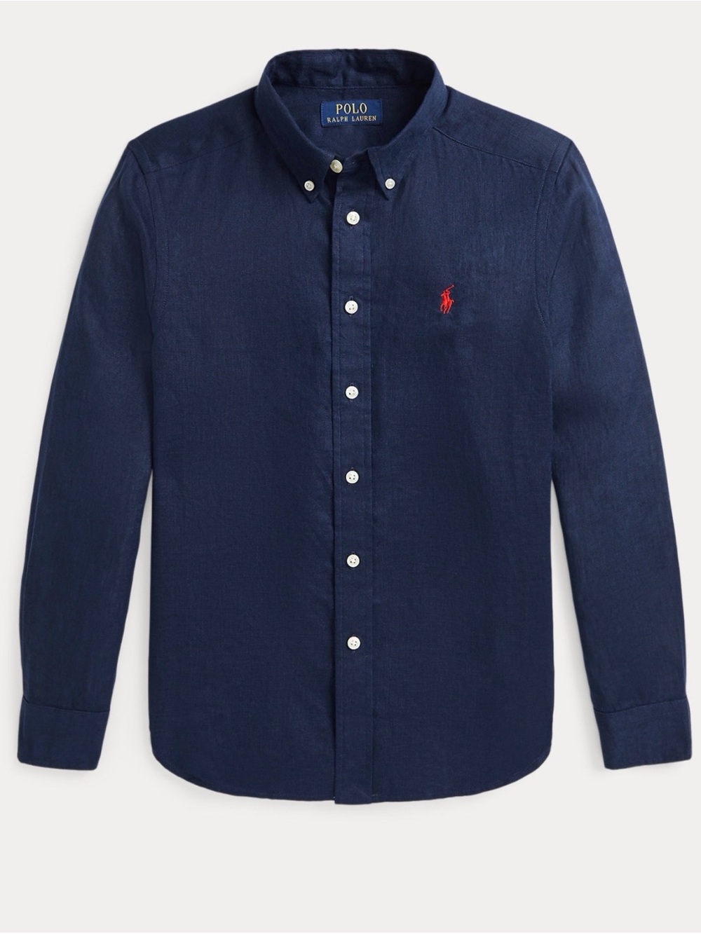 Polo by Ralph Lauren Navy Button-Down Shirt with Red Pony. Linen Shirt